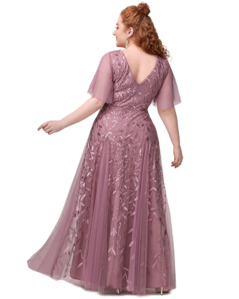 V Neck Ruffle Sleeves Sequin Maxi Evening Dress Purple Orchid